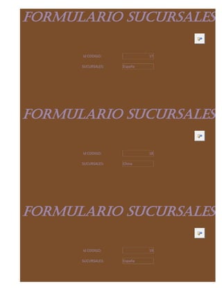 FORMULARIO SUCURSALES

      Id CODIGO:             17

      SUCURSALES:   España




FORMULARIO SUCURSALES

      Id CODIGO:             18

      SUCURSALES:   China




FORMULARIO SUCURSALES

      Id CODIGO:             19

      SUCURSALES:   España
 