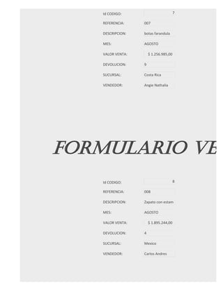Id CODIGO:                          7

   REFERENCIA:    007

   DESCRIPCION:   botas farandula

   MES:           AGOSTO

   VALOR VENTA:       $ 1.256.985,00

   DEVOLUCION:    9

   SUCURSAL:      Costa Rica

   VENDEDOR:      Angie Nathalia




FORMULARIO VEN
   Id CODIGO:                          8

   REFERENCIA:    008

   DESCRIPCION:   Zapato con estam

   MES:           AGOSTO

   VALOR VENTA:       $ 1.895.244,00

   DEVOLUCION:    4

   SUCURSAL:      Mexico

   VENDEDOR:      Carlos Andres
 
