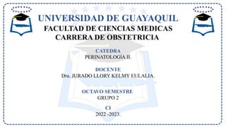 UNIVERSIDAD DE GUAYAQUIL
FACULTAD DE CIENCIAS MEDICAS
CARRERA DE OBSTETRICIA
CATEDRA
PERINATOLOGÍA II.
DOCENTE
Dra. JURADO LLORY KELMY EULALIA.
OCTAVO SEMESTRE
GRUPO 2
CI
2022 -2023.
 