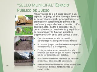 “SELLO MUNICIPAL” ESPACIO
PÚBLICO DE JUEGO
Niñas y niños de 0 a 5 años asisten a un
espacio de juego al aire libre que favorece
su desarrollo integral, principalmente se
promueve el apego seguro (vínculo de
confianza y seguridad entre la niña o niño
con su madre, padre o cuidador/a), el
desarrollo motor (movimiento y equilibrio
de su cuerpo) y la función simbólica
(representación de lo que conoce o vive).
 Ejerzan su derecho a la recreación,
aprendizaje y a compartir con su familia.
 Accedan a juegos que favorecen su seguridad,
independencia e inteligencia.
 Exploren y descubran movimientos y la
relación con todo lo que les rodea, logrando
un mejor desarrollo del cerebro.
 Practiquen diferentes maneras de resolver
problemas, encontrando soluciones.
 Interactúen con diferentes niñas y niños que
viven en el distrito, fortaleciendo la
convivencia.
126
 