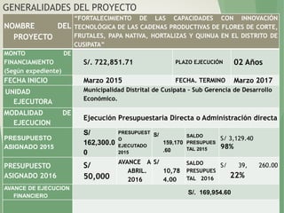 GENERALIDADES DEL PROYECTO
NOMBRE DEL
PROYECTO
“FORTALECIMIENTO DE LAS CAPACIDADES CON INNOVACIÓN
TECNOLÓGICA DE LAS CADENAS PRODUCTIVAS DE FLORES DE CORTE,
FRUTALES, PAPA NATIVA, HORTALIZAS Y QUINUA EN EL DISTRITO DE
CUSIPATA”
MONTO DE
FINANCIAMIENTO
(Según expediente)
S/. 722,851.71 PLAZO EJECUCIÓN 02 Años
FECHA INICIO Marzo 2015 FECHA. TERMINO Marzo 2017
UNIDAD
EJECUTORA
Municipalidad Distrital de Cusipata – Sub Gerencia de Desarrollo
Económico.
MODALIDAD DE
EJECUCION
Ejecución Presupuestaria Directa o Administración directa
PRESUPUESTO
ASIGNADO 2015
S/
162,300.0
0
PRESUPUEST
O
EJECUTADO
2015
S/
159,170
.60
SALDO
PRESUPUES
TAL 2015
S/ 3,129.40
98%
PRESUPUESTO
ASIGNADO 2016
S/
50,000
AVANCE A
ABRIL.
2016
S/
10,78
4.00
SALDO
PRESUPUES
TAL 2016
S/ 39, 260.00
22%
AVANCE DE EJECUCION
FINANCIERO
S/. 169,954.60
 