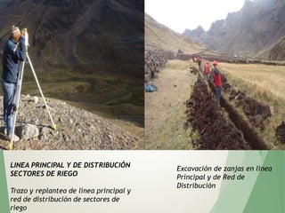 LINEA PRINCIPAL Y DE DISTRIBUCIÓN
SECTORES DE RIEGO
Trazo y replanteo de línea principal y
red de distribución de sectores de
riego
Excavación de zanjas en línea
Principal y de Red de
Distribución
 