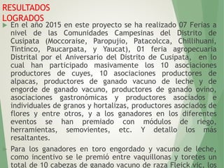  En el año 2015 en este proyecto se ha realizado 07 Ferias a
nivel de las Comunidades Campesinas del Distrito de
Cusipata (Moccoraise, Paropujio, Patacolcca, Chillihuani,
Tintinco, Paucarpata, y Yaucat), 01 feria agropecuaria
Distrital por el Aniversario del Distrito de Cusipata, en lo
cual han participado masivamente los 10 asociaciones
productores de cuyes, 10 asociaciones productores de
alpacas, productores de ganado vacuno de leche y de
engorde de ganado vacuno, productores de ganado ovino,
asociaciones gastronómicas y productores asociados e
individuales de granos y hortalizas, productores asociados de
flores y entre otros, y a los ganadores en los diferentes
eventos se han premiado con módulos de riego,
herramientas, semovientes, etc. Y detallo los más
resaltantes.
 Para los ganadores en toro engordado y vacuno de leche,
como incentivo se le premió entre vaquillonas y toretes un
total de 10 cabezas de ganado vacuno de raza Fleick vic, los
RESULTADOS
LOGRADOS
 