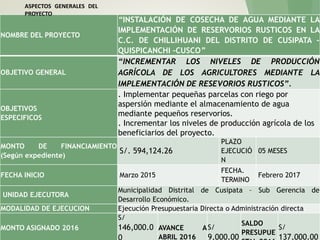NOMBRE DEL PROYECTO
“INSTALACIÓN DE COSECHA DE AGUA MEDIANTE LA
IMPLEMENTACIÓN DE RESERVORIOS RUSTICOS EN LA
C.C. DE CHILLIHUANI DEL DISTRITO DE CUSIPATA –
QUISPICANCHI –CUSCO”
OBJETIVO GENERAL
“INCREMENTAR LOS NIVELES DE PRODUCCIÓN
AGRÍCOLA DE LOS AGRICULTORES MEDIANTE LA
IMPLEMENTACIÓN DE RESEVORIOS RUSTICOS”.
OBJETIVOS
ESPECIFICOS
. Implementar pequeñas parcelas con riego por
aspersión mediante el almacenamiento de agua
mediante pequeños reservorios.
. Incrementar los niveles de producción agrícola de los
beneficiarios del proyecto.
MONTO DE FINANCIAMIENTO
(Según expediente)
S/. 594,124.26
PLAZO
EJECUCIÓ
N
05 MESES
FECHA INICIO Marzo 2015
FECHA.
TERMINO
Febrero 2017
UNIDAD EJECUTORA
Municipalidad Distrital de Cusipata – Sub Gerencia de
Desarrollo Económico.
MODALIDAD DE EJECUCION Ejecución Presupuestaria Directa o Administración directa
MONTO ASIGNADO 2016
S/
146,000.0 AVANCE A
ABRIL 2016
S/
9,000.00
SALDO
PRESUPUE
S/
137,000.00
ASPECTOS GENERALES DEL
PROYECTO
 
