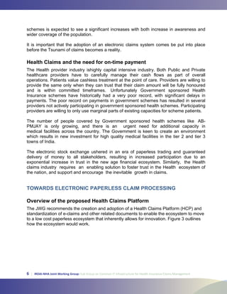 6 | IRDAI-NHA Joint Working Group: Sub Group on Common IT Infrastructure for Health Insurance Claims Management
Health Claims and the need for on-time payment
TOWARDS ELECTRONIC PAPERLESS CLAIM PROCESSING
Overview of the proposed Health Claims Platform
 