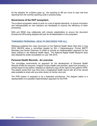 14 | IRDAI-NHA Joint Working Group: Sub Group on Common IT Infrastructure for Health Insurance Claims Management
Governance of the HCP ecosystem,
TOWARDS PERSONAL HEALTH RECORDS FOR ALL
Personal Health Records - An overview
 