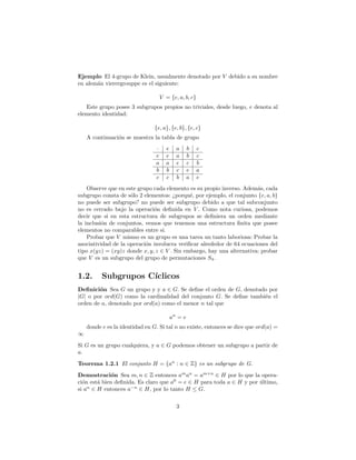 nicion Un subgrupo H6= feg es un subgrupo minimal de G si no existe 
un subgrupo no trivial J contenido en H. Un subgrupo H6= G es un subgrupo 
maximal si H no esta contenido en otro subgrupo propio K de G. 
Para ver si un conjunto H  G es un subgrupo tenemos a nuestra disposicion 
el siguiente 
Teorema 1.1.1 Un subconjunto H de un grupo G es un subgrupo de G si y 
solo si: 
i) H es cerrado bajo la operacion binaria  en G. 
ii) El elemento identidad e 2 G pertenece tambien a H. 
iii) Para todo x 2 H se tiene que x1 2 H 
Demostracion )) Es inmediato de la de 