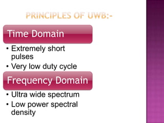 Time Domain
• Extremely short
pulses
• Very low duty cycle

Frequency Domain
• Ultra wide spectrum
• Low power spectral
density

 