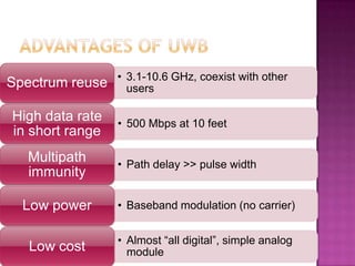 Spectrum reuse
High data rate
in short range
Multipath
immunity

• 3.1-10.6 GHz, coexist with other
users
• 500 Mbps at 10 feet
• Path delay >> pulse width

Low power

• Baseband modulation (no carrier)

Low cost

• Almost “all digital”, simple analog
module

 