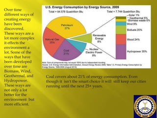 Over time
different ways of
creating energy
have been
discovered.
These ways are a
lot more complex
it effects the
environment a
lot. Some of the
ways that have
been developed
over time are
Biomass, Wind,
Geothermal, and
Hydropower.
These ways are
not only a lot
better for the
environment but
more efficient.

Coal covers about 21% of energy consumption. Even
though it isn't the smart choice it will still keep our cities
running until the next 25+ years.

 