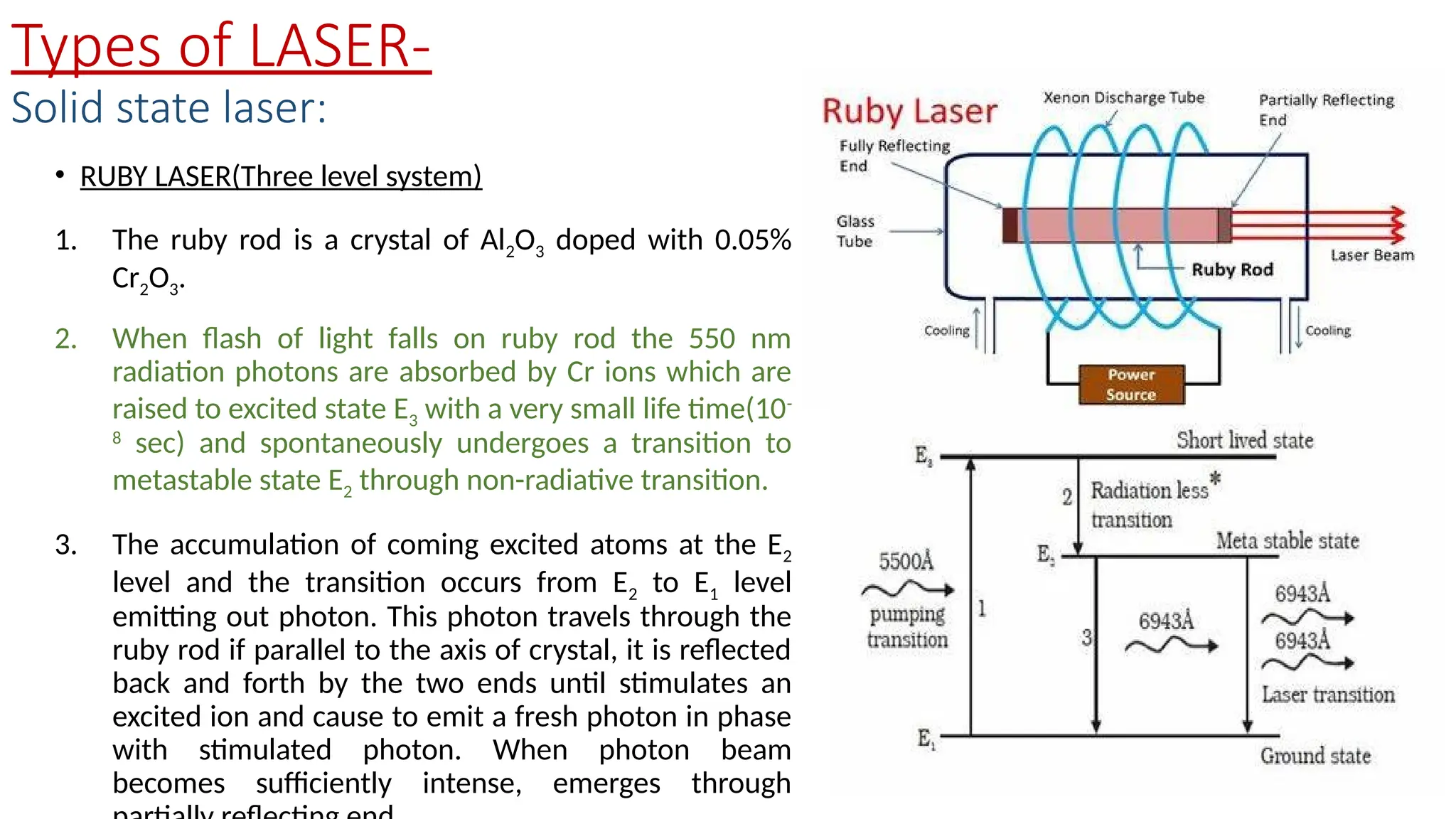 Types of LASER-
Solid state laser:
• RUBY LASER(Three level system)
1. The ruby rod is a crystal of Al2O3 doped with 0.05%
Cr2O3.
2. When flash of light falls on ruby rod the 550 nm
radiation photons are absorbed by Cr ions which are
raised to excited state E3 with a very small life time(10-
8
sec) and spontaneously undergoes a transition to
metastable state E2 through non-radiative transition.
3. The accumulation of coming excited atoms at the E2
level and the transition occurs from E2 to E1 level
emitting out photon. This photon travels through the
ruby rod if parallel to the axis of crystal, it is reflected
back and forth by the two ends until stimulates an
excited ion and cause to emit a fresh photon in phase
with stimulated photon. When photon beam
becomes sufficiently intense, emerges through
 
