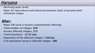  Declining water levels
 Water for Agricultural and Industrial purposes State of ground water
utilization ranges
Bihar-
 Major GW issue is Arsenic contamination affecting
 Total number of villages: 839
 Arsenic affected villages: 273
 Total Population : 27.52 lacs
 Population of the affected villages: 7.68 lacs
 % of population living in affected villages: 28%
 