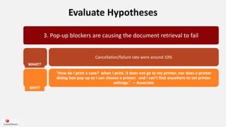 Evaluate Hypotheses
3. Pop-up blockers are causing the document retrieval to fail
Cancellation/failure rate were around 10...