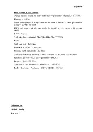 Page 4 of 4
Profit & sales in each category
Average business volume per year = Rs.80 crore => per month= 80 crore/12= 66666666/-
Pharmacy = Rs.3 lacs
Mobile store operated in a high volume to the extent of Rs.60+/-Rs.80 lac per month=>
average= Rs.70 lac per month
FMCG and grocery unit sales per month= Rs.10+/-12 lacs => average = 11 lacs per
month
F & V = Rs.3 lacs
Total sales (lacs) = 66666666+3lac+70lac+11lac+3lac=75366666
Costs:
Total fixed cost = Rs.1.2 lacs
Investment at inventory = Rs.1 crore
Inventory worth every month = Rs. 6 lacs
Total cost of managing warehouse = Rs.2.4 crore/year => per month = 20, 00,000/-
Rental cost per year = Rs.25 lacs=> per month = 2,08,333/-
Per store = 208333/59=3531/-
Total cost= 1.2lac+169491+600000+33898+3531 = 926920/-
Profit = Total sales – Total costs = 9829943-926920= 8903023/-
Submitted by:
Shalini Tripathy
DM16141
 