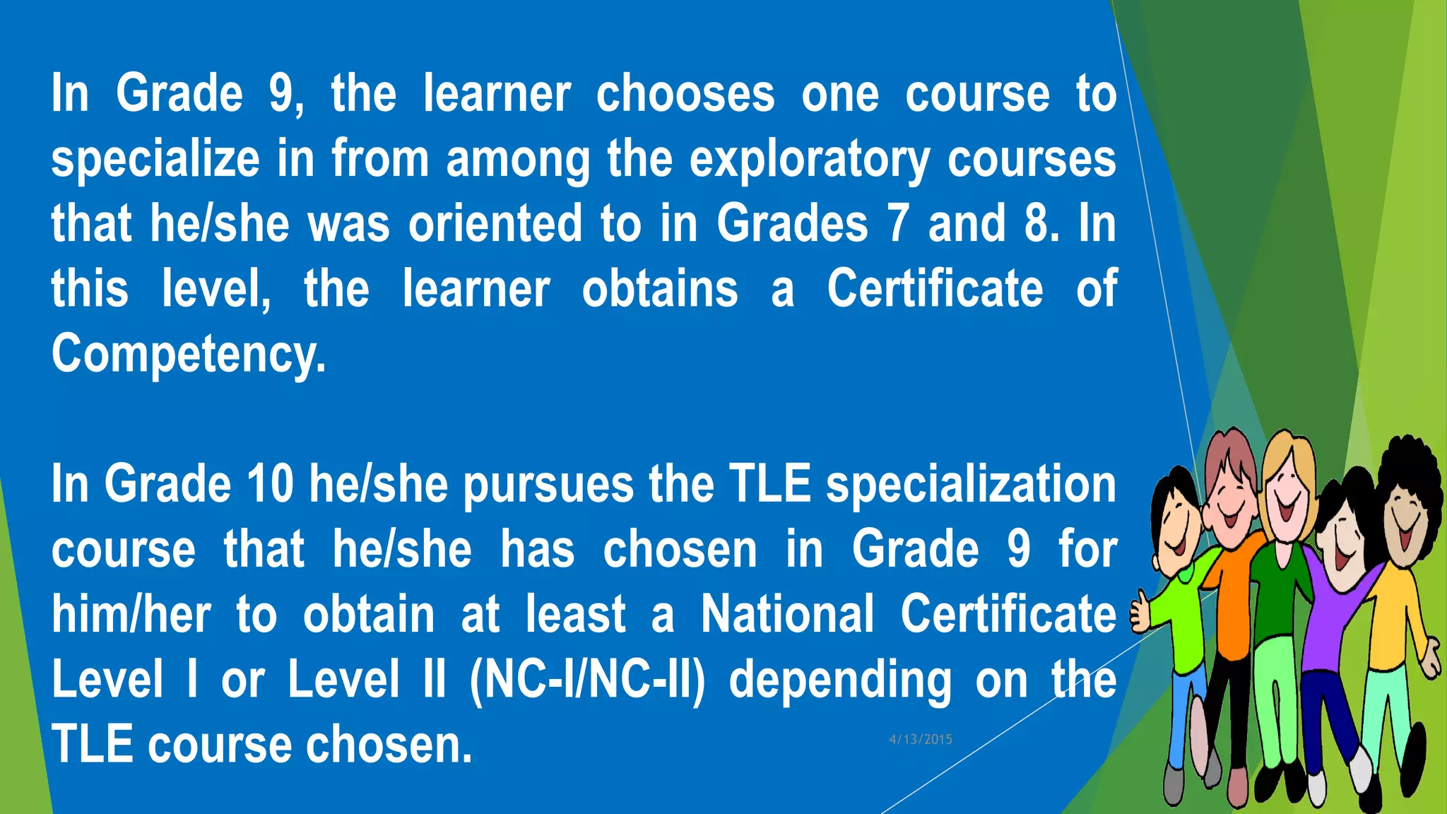 In Grade 9, the learner chooses one course to
specialize in from among the exploratory courses
that he/she was oriented to in Grades 7 and 8. In
this level, the learner obtains a Certificate of
Competency.
In Grade 10 he/she pursues the TLE specialization
course that he/she has chosen in Grade 9 for
him/her to obtain at least a National Certificate
Level I or Level II (NC-I/NC-II) depending on the
TLE course chosen. 4/13/2015
 