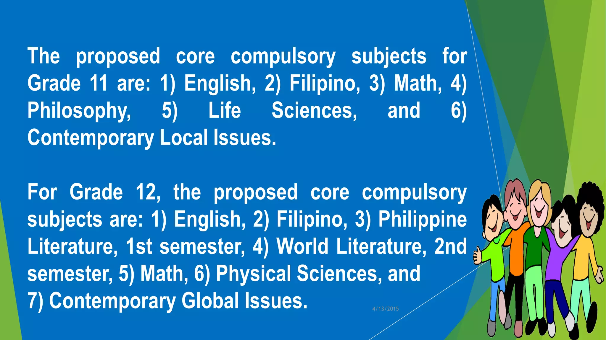 The proposed core compulsory subjects for
Grade 11 are: 1) English, 2) Filipino, 3) Math, 4)
Philosophy, 5) Life Sciences, and 6)
Contemporary Local Issues.
For Grade 12, the proposed core compulsory
subjects are: 1) English, 2) Filipino, 3) Philippine
Literature, 1st semester, 4) World Literature, 2nd
semester, 5) Math, 6) Physical Sciences, and
7) Contemporary Global Issues. 4/13/2015
 