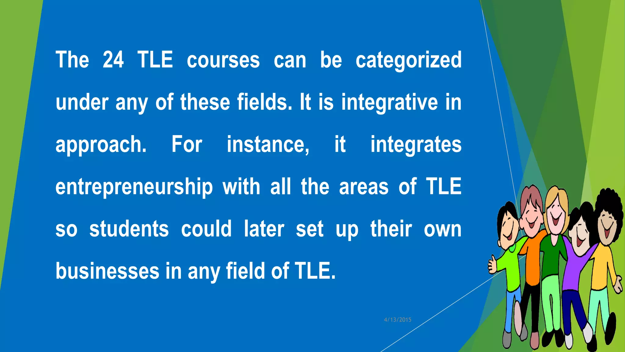 The 24 TLE courses can be categorized
under any of these fields. It is integrative in
approach. For instance, it integrates
entrepreneurship with all the areas of TLE
so students could later set up their own
businesses in any field of TLE.
4/13/2015
 