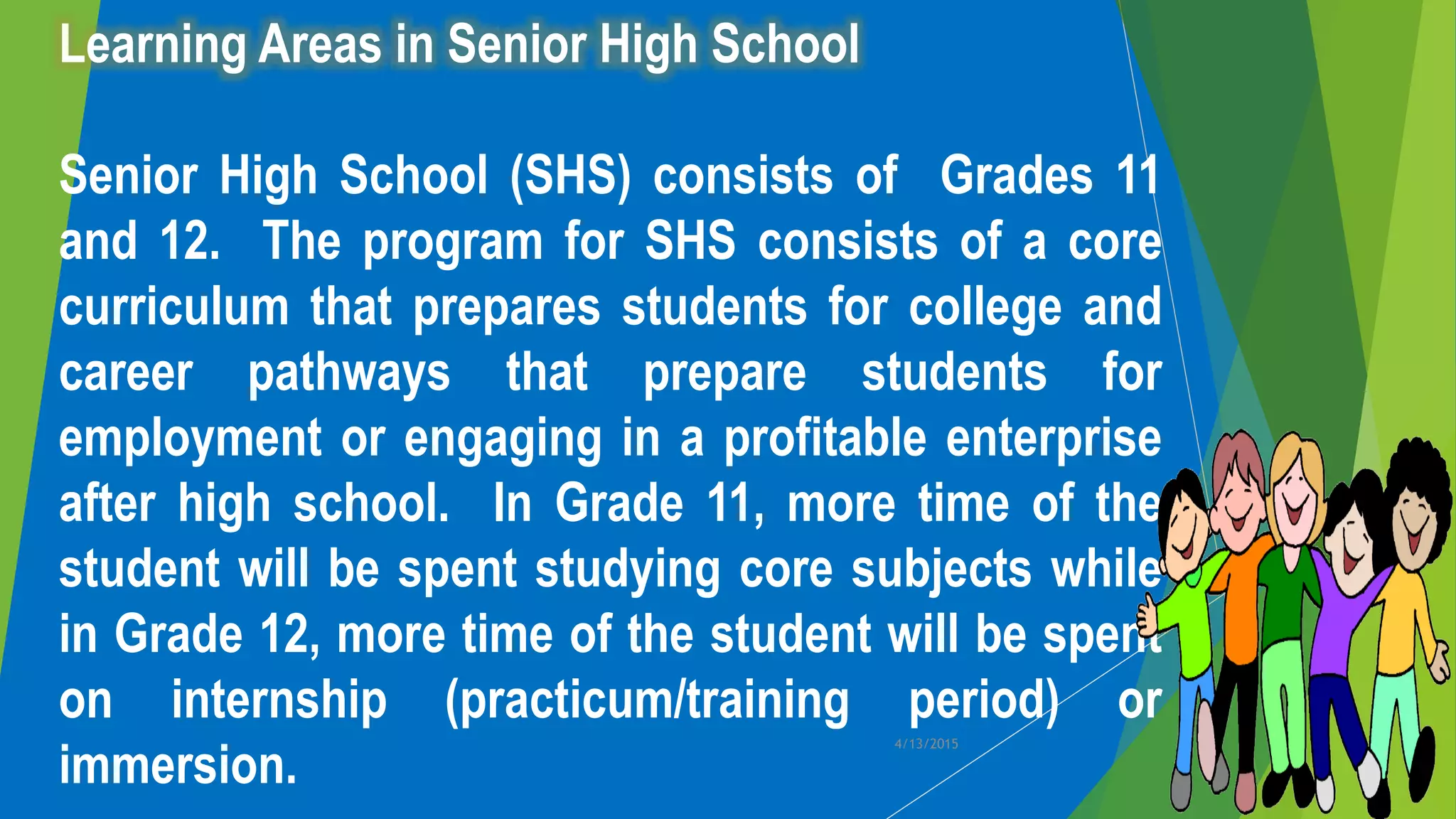 Learning Areas in Senior High School
Senior High School (SHS) consists of Grades 11
and 12. The program for SHS consists of a core
curriculum that prepares students for college and
career pathways that prepare students for
employment or engaging in a profitable enterprise
after high school. In Grade 11, more time of the
student will be spent studying core subjects while
in Grade 12, more time of the student will be spent
on internship (practicum/training period) or
immersion.
4/13/2015
 