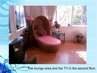 The lounge area and the TV in the second floor. 