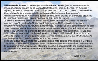 El  Naranjo de Bulnes  o  Urriellu  (en  asturiano   Picu Urriellu  ) es un pico calcáreo de origen paleozoico situado en el Macizo Central de los  Picos de Europa , en  Asturias  ( España ). Entre los habitantes de la zona es conocido como  “Picu Urriellu” , nombre este último derivado de la denominación del  Macizo Central  como  “Los Urrieles” . Administrativamente, el Naranjo de Bulnes se encuentra situado en el concejo asturiano de  Cabrales  y dentro del  Parque nacional de los Picos de Europa . La primera referencia escrita al  “Picu Urriellu”  como  “Naranjo de Bulnes”  se debe al ingeniero y geólogo alemán  Guillermo Schulz , que en 1855 editó el primer mapa topográfico y geológico de Asturias. En todo caso, el origen de esta denominación no está claro, dado que los habitantes de la zona históricamente siempre se refirieron al Naranjo como  “Picu Urriellu” , no siendo la denominación ni popular ni la tradicional. Tal vez sea debido al color anaranjado de la piedra caliza de la que está formado. Los vecinos de Bulnes lo expresan con el siguiente verso: " No me llaméis Naranjo, pues fruto no puedo dar; llamadme Picu Urriellu, que es mi nombre natural ". Tiene una altitud de 2.519 metros y, aunque no se trata del pico más alto de la Cordillera Cantábrica, puede ser considerado como uno de sus picos más conocidos, así como una de las cumbres emblemáticas del alpinismo español. Especialmente por los 550 metros de pared vertical de su cara oeste. En su base se encuentra la vega de Urriello ,circo de origen glaciar . WIKIPEDIA 
