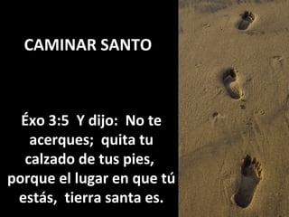 CAMINAR SANTO



  Éxo 3:5 Y dijo: No te
   acerques; quita tu
  calzado de tus pies,
porque el lugar en que tú
 estás, tierra santa es.
 