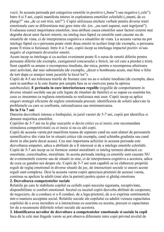 vocii. In aceasta perioada pot categoriza emotiile in pozitive („bune”) sau negative („rele”).
Intre 4 si 5 ani, copiii manifesta interes in exploatarea emotiilor celorlalti („mami, de ce
plangi?” sau „de ce esti trist, tati?”). Copiii utilizeaza etichete verbale pentru diverse trairi
emotionale care se diferentiaza mai greu intre ele. (ex. „nu sunt suparat, sunt ingrijorat”).
Evalueaza corect majoritatea emotiilor, insa atribuie cauza emotiilor unor factori externi mai
degraba decat unor factori interni; nu inteleg inca faptul ca emotiile sunt cauzate nu de
situatiile de viata, ci de interpretarea cognitiva a situatiilor de viata. La aceasta varsta nu pot
intelege faptul ca o persoana poate simti doua emotii in acelasi timp (de exemplu, o persoana
poate fi trista si furioasa). Intre 4 si 5 ani, copiii incep sa inteleaga impactul pozitiv si/sau
negativ al exprimarii diverselor emotii.
Acum incep sa inteleaga si ca acelasi eveniment poate fi o sursa de emotii diferite pentru
persoane diferite (de exemplu, castigatorul concursului e fericit, iar cel care a pierdut e trist).
Sunt capabili sa amane o recompensa imediata, dar mica, pentru o recompensa ulterioara
unei activitati, dar mai substantiala (de exemplu, „decat o bomboana acum, mai bine o felie
de tort dupa ce aranjez toate jucariile la locul lor”).
Copiii de 4-5 ani tolereaza trairile de frustare care nu au o solutie imediata (de exemplu, daca
sunt in autobuz si le este foame pot astepta fara sa se enerveze pana la oprirea
autobuzului). E perioada in care interiorizeaza regulile (regulile de comportament in
diverse situatii socilale sau pe cele legate de ritualuri de familie) si se supun cu usurinta lor,
ceea ce inseamna ca reglarea emotionala se realizeaza mai usor. Copiii incep sa aplice
singuri strategii eficiente de reglere emotionala precum: identificerea de solutii adecvate la
problemele cu care se confrunta, rationalizarea sau minimanizarea.
De la 5 la 7 ani
Datorita dezvoltarii intense a limbajului, in jurul varstei de 5-7 ani, copiii pot identifica si
denumi majoritea emotiilor.
Copiiilor de 5-7 ani nu le plac esecurile si devin critici cu ei insisi; este recomandata
stimularea competitivitatii cu ei insisi si nu cu alti copii.
Copiii de aceasta varsta pot manifesta teama de separare cand nu sunt alaturi de persoanele
semnificative din viata lor in situatii critice (de exemplu, cand schimba gradinita sau cand
dorm in alta parte decat acasa). Cea mai importanta achizitie in aceasta perioada este
dezvoltarea empatiei, adica a abilitatii de a fi interesat si de a intelege emotiile celorlalti.
Copiii de 5-7 ani incep sa isi formeze simtul moralitatii si inteleg termeni abstracti ca:
onestitate, corectitudine, moralitate. In acesta perioada inteleg ca emotiile sunt cauzate NU
de evenimentele externe sau de situatii in sine, ci de interpretarea cognitiva a acestora, adica
de ceea ce gandim noi despre ele. Copiii de 5-7 ani sunt capabili sa isi elaboreze propriile
reguli de reglaj emotional in diverse situatii de joc, de interactiuni sociale si uneori aceste
reguli sunt complexe. Desi la aceasta varsta copiii apreciaza prietenii de aceeasi varsta,
continua sa apeleze la adulti (mai ales la parinti) pentru ajutor si ghidaj emotiona
2. Dezvoltarea competentelor sociale
Relatiile pe care le stabileste copilul cu ceilalti copii necesita siguranta, receptivitate,
disponibilitate si confort emotional. Incetul cu incetul copiii dezvolta abilitati de cooperare,
de negociere, de a conduce si a fi condusi, de a lega prietenii, de a-si exprima sentimentele
intr-o maniera acceptata social. Relatiile sociale ale copilului cu adultii vizeaza capacitatea
copilului de a avea incredere si a interactiona cu usurinta cu acestia, precum si capacitatea
lor de a recunoaste diferitele roluri sociale ale acestora.
3. Identificarea nevoilor de dezvoltare a competentelor emotionale si sociale la copil
Inca de le cele mai fragede varste se pot observa diferenete intre copii privind nivelul de
 