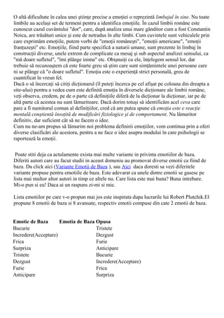 O altă dificultate în calea unei ştiinţe precise a emoţiei o reprezintă limbajul în sine. Nu toate
limbile au acelaşi set de termeni pentru a identifica emoţiile. În cazul limbii române este
cunoscut cazul cuvântului "dor", care, după analiza unui mare gânditor cum a fost Constantin
Noica, are trăsături unice şi este de netradus în alte limbi. Cum cuvintele sunt vehiculele prin
care exprimăm emoţiile, putem vorbi de "emoţii româneşti", "emoţii americane", "emoţii
franţuzeşti" etc. Emoţiile, fiind parte specifică a naturii umane, sunt prezente în limbaj în
construcţii diverse, unele extrem de complicate ca mesaj şi sub aspectul analizei sensului, ca
"mă doare sufletul", "îmi plânge inima" etc. Obişnuiţi cu ele, înţelegem sensul lor, dar
trebuie să recunoaştem că este foarte greu să ştim care sunt simţămintele unei persoane care
ni se plânge că "o doare sufletul". Emoţia este o experienţă strict personală, greu de
cuantificat în vreun fel.
Dacă o să încercaţi să citiţi dicţionarul (îl puteţi încerca pe cel afişat pe coloana din dreapta a
site-ului) pentru a vedea cum este definită emoţia în diversele dicţionare ale limbii române,
veţi observa, credem, pe de o parte că definiţiile diferă de la dicţionar la dicţionar, iar pe de
altă parte că acestea nu sunt lămuritoare. Dacă dorim totuşi să identificăm acel ceva care
pare a fi numitorul comun al definiţiilor, cred că am putea spune că emoţia este e reacţie
mentală conştientă însoţită de modificări fiziologice şi de comportament. Nu lămuritor
definitiv, dar suficient cât să ne facem o idee.
Cum nu ne-am propus să lămurim noi problema definirii emoţiilor, vom continua prin a oferi
diverse clasificări ale acestora, pentru a ne face o idee asupra modului în care psihologii se
raportează la emoţii.
Poate stiti deja ca actulamente exista mai multe variante in privinta emotiilor de baza.
Diferiti autori care au facut studii in aceast domeniu au promovat diverse emotii ca fiind de
baza. Da click aici (Variante Emotii de Baza ), sau Aici daca doresti sa vezi diferitele
variante propuse pentru emotiile de baza. Este adevarat ca unele dintre emotii se gasesc pe
lista mai multor altor autori in timp ce altele nu. Care lista este mai buna? Buna intrebare.
Mi-o pun si eu! Daca ai un raspuns zi-mi si mie.
Lista emotiilor pe care v-o propun mai jos este inspirata dupa lucrarile lui Robert Plutchik.El
propune 8 emotii de baza si 8 avansate, respectiv emotii compuse din cate 2 emotii de baza.
Emotie de Baza Emotia de Baza Opusa
Bucurie Tristete
Incredere(Acceptare) Dezgust
Frica Furie
Surpriza Anticipare
Tristete Bucurie
Dezgust Incredere(Acceptare)
Furie Frica
Anticipare Surpriza
 