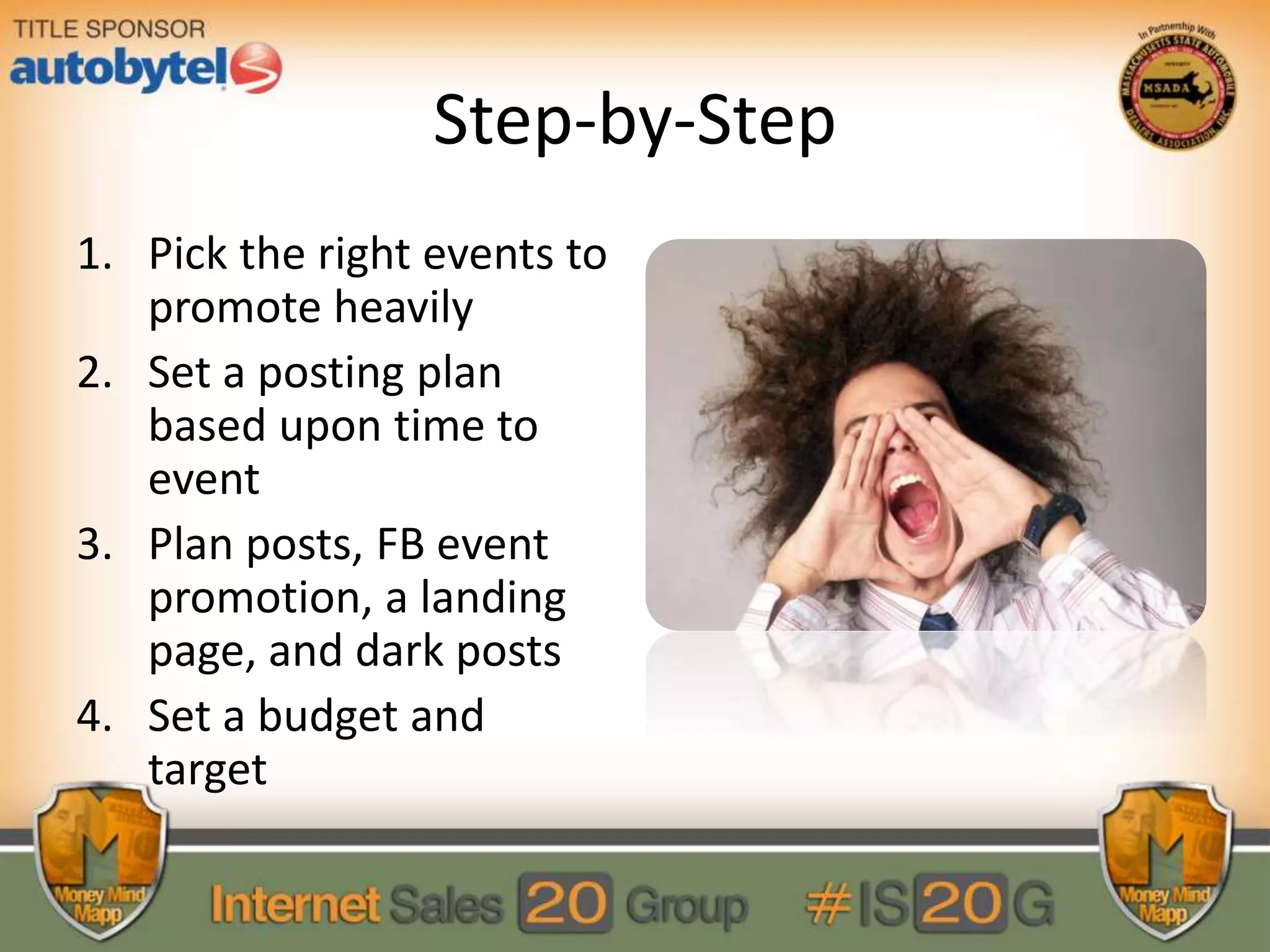 Step-by-Step
1. Pick the right events to
promote heavily
2. Set a posting plan
based upon time to
event
3. Plan posts, FB event
promotion, a landing
page, and dark posts
4. Set a budget and
target