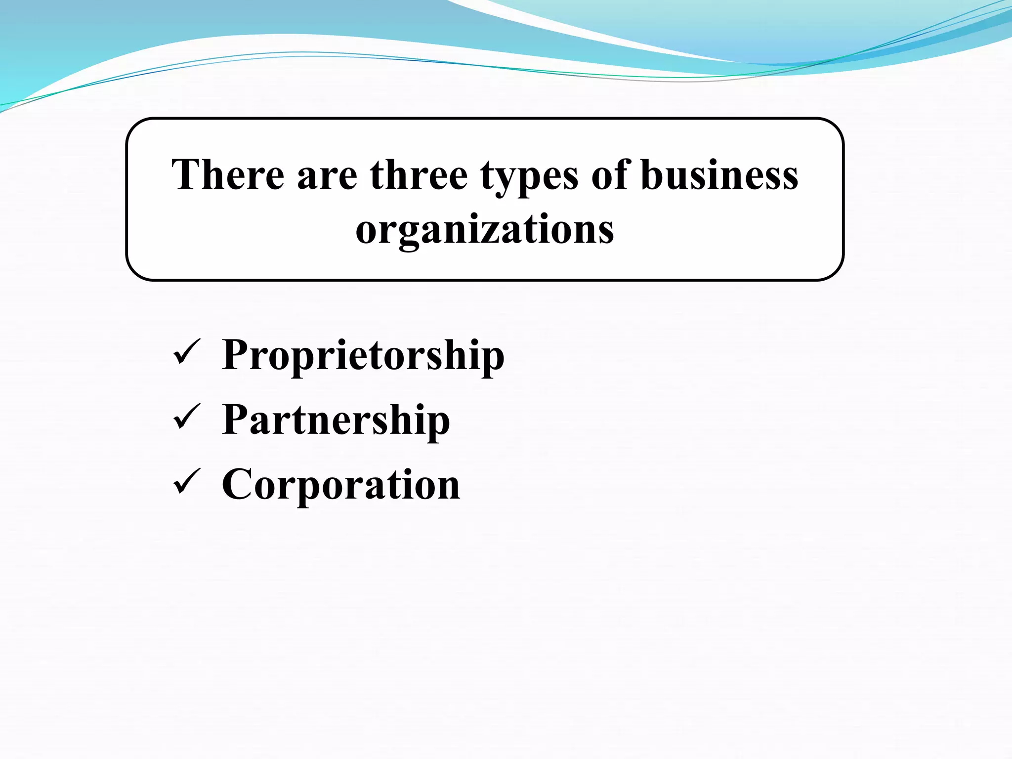 There are three types of business
organizations
 Proprietorship
 Partnership
 Corporation
 
