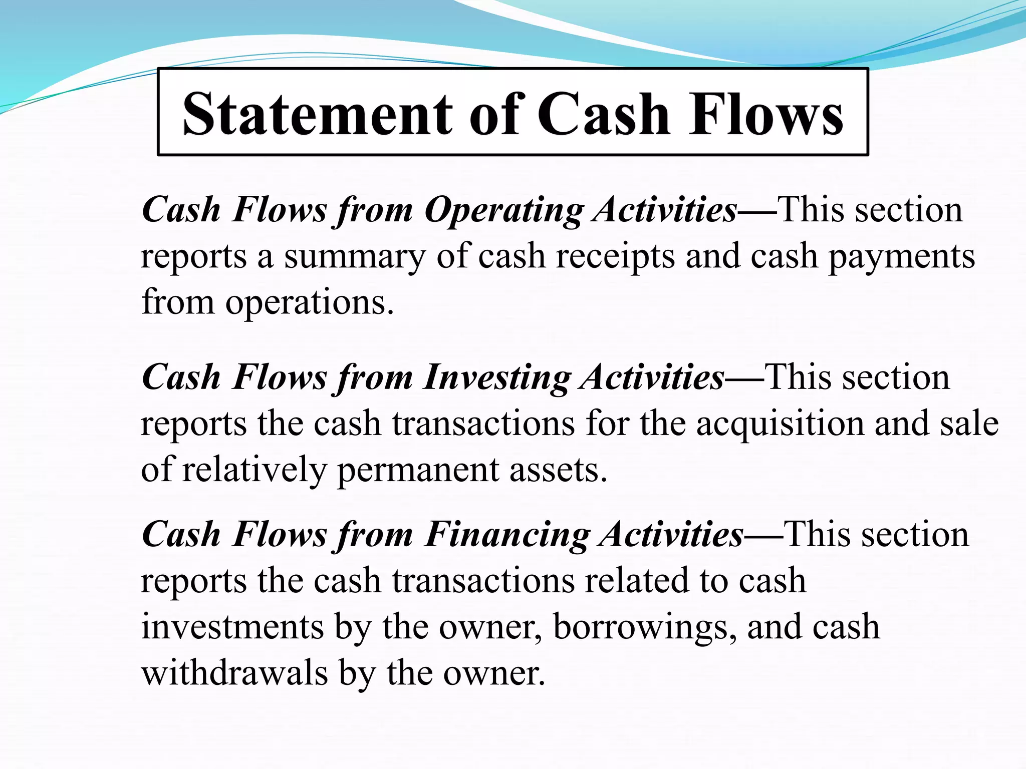 Statement of Cash Flows
Cash Flows from Operating Activities—This section
reports a summary of cash receipts and cash payments
from operations.
Cash Flows from Investing Activities—This section
reports the cash transactions for the acquisition and sale
of relatively permanent assets.
Cash Flows from Financing Activities—This section
reports the cash transactions related to cash
investments by the owner, borrowings, and cash
withdrawals by the owner.
 