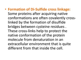 • Formation of Di-Sulfide cross linkage:
Some proteins after acquiring native
conformations are often covalently cross-
linked by the formation of disulfide
bridges between cysteine residues .
These cross-links help to protect the
native conformation of the protein
molecule from denaturation in an
extracellular environment that is quite
different from that inside the cell.
 