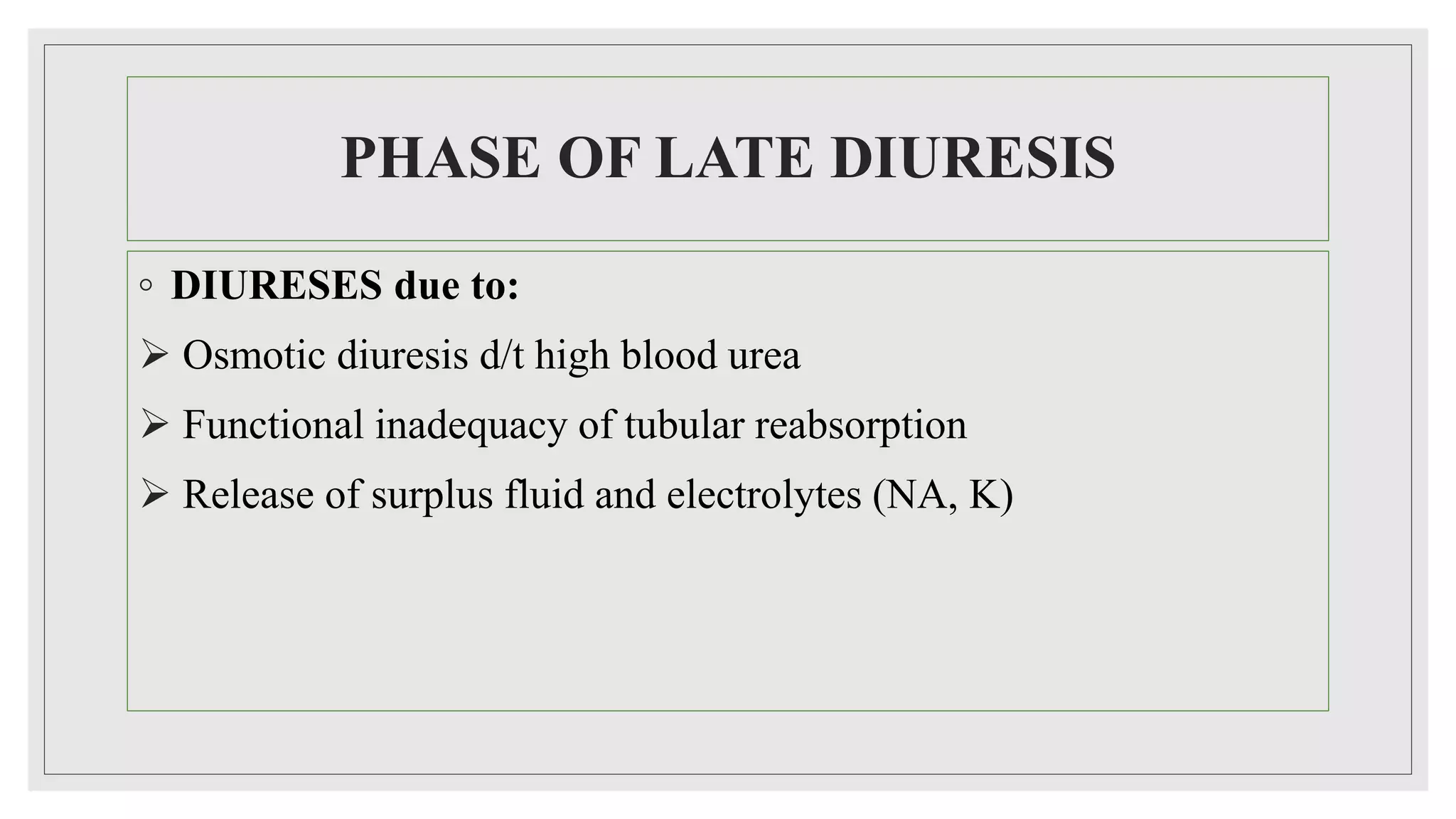PHASE OF LATE DIURESIS
◦ DIURESES due to:
 Osmotic diuresis d/t high blood urea
 Functional inadequacy of tubular reabsorption
 Release of surplus fluid and electrolytes (NA, K)
 
