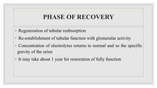 PHASE OF RECOVERY
◦ Regeneration of tubular reabsorption
◦ Re-establishment of tubular function with glomerular activity
◦ Concentration of electrolytes returns to normal and so the specific
gravity of the urine
◦ It may take about 1 year for restoration of fully function
 
