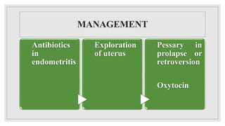 MANAGEMENT
Antibiotics
in
endometritis
Exploration
of uterus
Pessary in
prolapse or
retroversion
Oxytocin
 