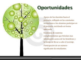 Apoyo de los docentes hacia el proyecto, reflejado en las constantes invitaciones a los alumnos participar en el proyecto, reciclando en forma adecuada. Existencia de materias complementarias que brindan mas información acerca de los beneficios y la forma de llevar a cabo el reciclaje. Participación de un número significante de estudiantes. 