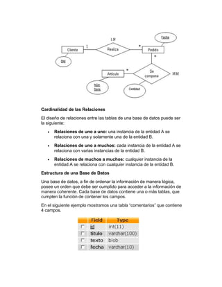 Cardinalidad de las Relaciones
El diseño de relaciones entre las tablas de una base de datos puede ser
la siguiente:
•

Relaciones de uno a uno: una instancia de la entidad A se
relaciona con una y solamente una de la entidad B.

•

Relaciones de uno a muchos: cada instancia de la entidad A se
relaciona con varias instancias de la entidad B.

•

Relaciones de muchos a muchos: cualquier instancia de la
entidad A se relaciona con cualquier instancia de la entidad B.

Estructura de una Base de Datos
Una base de datos, a fin de ordenar la información de manera lógica,
posee un orden que debe ser cumplido para acceder a la información de
manera coherente. Cada base de datos contiene una o más tablas, que
cumplen la función de contener los campos.
En el siguiente ejemplo mostramos una tabla “comentarios” que contiene
4 campos.

 