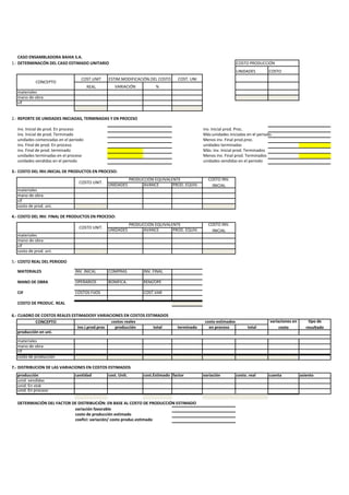 CASO ENSAMBLADORA BAHIA S.A.
1.- DETERMINACÓN DEL CASO ESTIMADO UNITARIO COSTO PRODUCCIÓN
UNIDADES COSTO
COST.UNIT COST. UNI
REAL VARIACIÓN %
materiales
mano de obra
cif
2.- REPORTE DE UNIDADES INICIADAS, TERMINADAS Y EN PROCESO
inv. Inicial de prod. En proceso inv. Inicial prod. Proc.
inv. Inicial de prod. Terminado Más:unidades iniciadas en el periodo.
unidades comenzadas en el periodo Menos inv. Final prod.proc.
inv. Final de prod. En proceso unidades terminadas
inv. Final de prod. terminado Más: inv. Inicial prod. Terminados
unidades terminadas en el proceso Menos inv. Final prod. Terminados
unidades vendidas en el periodo unidades vendidas en el periodo
3.- COSTO DEL INV.INICIAL DE PRODUCTOS EN PROCESO:
UNIDADES AVANCE PROD. EQUIV.
materiales
mano de obra
cif
costo de prod. uni.
4.- COSTO DEL INV. FINAL DE PRODUCTOS EN PROCESO:
UNIDADES AVANCE PROD. EQUIV.
materiales
mano de obra
cif
costo de prod. uni.
5.- COSTO REAL DEL PERIODO
MATERIALES INV. INICAL COMPRAS INV. FINAL
MANO DE OBRA OPERARIOS BONIFICA. REM/OPE
CIF COSTOS FIJOS COST.VAR
COSTO DE PRODUC. REAL
6.- CUADRO DE COSTOS REALES ESTIMADOSY VARIACIONES EN COSTOS ESTIMADOS
CONCEPTO
inv.i.prod.proc producción total terminado en proceso total
producción en uni.
materiales
mano de obra
cif
costo de producción
7.- DISTRIBUCIÓN DE LAS VARIACIONES EN COSTOS ESTIMADOS
producción cantidad cost. Unit. cost.Estimado factor variación costo. real cuenta asiento
unid. vendidas
unid. En stok
unid. En proceso
DETERMIACIÓN DEL FACTOR DE DISTRIBUCIÓN: EN BASE AL COSTO DE PRODUCCIÓN ESTIMADO
variación favorable
costo de producción estimado
coefici: variación/ costo produc.estimado
CONCEPTO
COSTO UNIT.
COSTO UNIT.
costos reales costo estimados variaciones en
costo
tipo de
resultado
ESTIM.MODIFICACIÓN.DEL COSTO
PRODUCCIÓN EQUIVALENTE COSTO INV.
INICIAL
PRODUCCIÓN EQUIVALENTE COSTO INV.
INICIAL
 