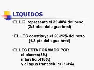 LIQUIDOS
•EL LIC representa el 30-40% del peso
(2/3 ptes del agua total)
• EL LEC constituye el 20-25% del peso
(1/3 pte del agua total)
•EL LEC ESTA FORMADO POR
el plasma(5%)
intersticio(15%)
y el agua transcelular (1-3%)
 