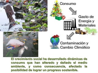 El crecimiento social ha desarrollado dinámicas de consumo que han alterado y dañado el medio ambiente, y como consecuencia, afectado la posibilidad de lograr un progreso sostenible.  