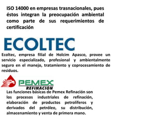ISO 14000 en empresas trasnacionales, pues éstos integran la preocupación ambiental como parte de sus requerimientos de certificación Ecoltec, empresa filial de Holcim Apasco, provee un servicio especializado, profesional y ambientalmente seguro en el manejo, tratamiento y coprocesamiento de residuos. Las funciones básicas de Pemex Refinación son los procesos industriales de refinación, elaboración de productos petrolíferos y derivados del petróleo, su distribución, almacenamiento y venta de primera mano. 