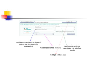 Aquí se colocan palabras claves si queres que otro usuario lo  encuentre Acá  seleccionas  el idioma Aquí colocas un breve descripción y la autor í a si querés Luego  publicas todo 