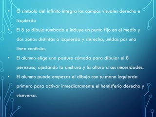 • O símbolo del infinito integra los campos visuales derecho e
izquierdo
• El 8 se dibuja tumbado e incluye un punto fijo en el medio y
dos zonas distintas a izquierda y derecha, unidas por una
línea continúa.
• El alumno elige una postura cómoda para dibujar el 8
perezoso, ajustando la anchura y la altura a sus necesidades.
• El alumno puede empezar el dibujo con su mano izquierda
primero para activar inmediatamente el hemisferio derecho y
viceversa.
 