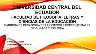 UNIVERSIDAD CENTRAL DEL
ECUADOR
FACULTAD DE FILOSOFÍA, LETRAS Y
CIENCIAS DE LA EDUCACIÓN
CARRERA DE PEDAGOGÍA DE LAS CIENCIAS EXPERIMENTALES
DE QUÍMICA Y BIOLOGÍA
SKARLET CANDO
SEMESTRE: SEGUNDO “A”
 