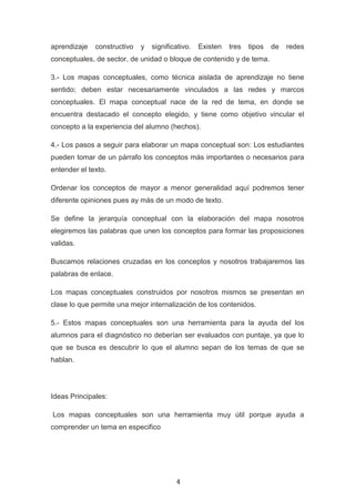 aprendizaje   constructivo   y   significativo.   Existen   tres   tipos   de   redes
conceptuales, de sector, de unidad o bloque de contenido y de tema.

3.- Los mapas conceptuales, como técnica aislada de aprendizaje no tiene
sentido; deben estar necesariamente vinculados a las redes y marcos
conceptuales. El mapa conceptual nace de la red de tema, en donde se
encuentra destacado el concepto elegido, y tiene como objetivo vincular el
concepto a la experiencia del alumno (hechos).

4.- Los pasos a seguir para elaborar un mapa conceptual son: Los estudiantes
pueden tomar de un párrafo los conceptos más importantes o necesarios para
entender el texto.

Ordenar los conceptos de mayor a menor generalidad aquí podremos tener
diferente opiniones pues ay más de un modo de texto.

Se define la jerarquía conceptual con la elaboración del mapa nosotros
elegiremos las palabras que unen los conceptos para formar las proposiciones
validas.

Buscamos relaciones cruzadas en los conceptos y nosotros trabajaremos las
palabras de enlace.

Los mapas conceptuales construidos por nosotros mismos se presentan en
clase lo que permite una mejor internalización de los contenidos.

5.- Estos mapas conceptuales son una herramienta para la ayuda del los
alumnos para el diagnóstico no deberían ser evaluados con puntaje, ya que lo
que se busca es descubrir lo que el alumno sepan de los temas de que se
hablan.




Ideas Principales:

Los mapas conceptuales son una herramienta muy útil porque ayuda a
comprender un tema en especifico




                                         4
 