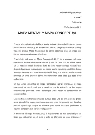 Andrea Rodriguez Amaya

                                                                      Lic. LMKT

                                                                     Salón A-56

                                                            30-Septiembre-2012


     MAPA MENTAL Y MAPA CONCEPTUAL


El tema principal del articulo Mapa Mental trata de plasmar la técnica en ciertos
pasos de esta técnica, y en el texto de José A. Vergara y Verónica Maricoy
trata del articulo Mapa Conceptual de cómo podemos crear un mapa con
ciertos pasos que vienen en el artículo.

El propósito del autor en Mapa Conceptual (2012) da a conocer del mapa
conceptual es una herramienta sencilla y fácil de crear uno en Mapa Mental
(2012) habla de mapa mental de trata de cómo hacer un mapa mental y que
debe de llevar para realizarlo con los pasos que te menciona en el blog, temas
nos menciona que son unas herramientas fáciles y nos pueden ayudar cuando
tenemos un tema extenso, como nos mencionan cada paso que debe tener
cada mapa.

En los temas diferentes en Mapa Conceptual (2012) menciona el mapa
conceptual es más formal que y menciona que la aplicación de los mapas
conceptuales pensarse como estrategias para hacer la construcción de
conocimientos.

Los dos tienen subtemas similares aunque cada uno se enfoca en su propio
tema, ejemplo los mapas mencionan que son unas herramienta muy benéfica
para el aprendizaje porque se emplean para sacar las ideas principales o
algunos conceptos que se van jerarquizando.

A diferencia en Mapa Mental (2012) el mapa mental es más completo por las
ideas que relacionan en el tema y este se diferencia de usar imágenes y




                                           6
 