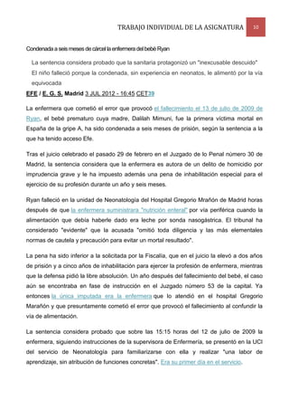 TRABAJO INDIVIDUAL DE LA ASIGNATURA

10

Condenada a seis meses de cárcel la enfermera del bebé Ryan
La sentencia considera probado que la sanitaria protagonizó un "inexcusable descuido"
El niño falleció porque la condenada, sin experiencia en neonatos, le alimentó por la vía
equivocada
EFE / E. G. S. Madrid 3 JUL 2012 - 16:45 CET39
La enfermera que cometió el error que provocó el fallecimiento el 13 de julio de 2009 de
Ryan, el bebé prematuro cuya madre, Dalilah Mimuni, fue la primera víctima mortal en
España de la gripe A, ha sido condenada a seis meses de prisión, según la sentencia a la
que ha tenido acceso Efe.
Tras el juicio celebrado el pasado 29 de febrero en el Juzgado de lo Penal número 30 de
Madrid, la sentencia considera que la enfermera es autora de un delito de homicidio por
imprudencia grave y le ha impuesto además una pena de inhabilitación especial para el
ejercicio de su profesión durante un año y seis meses.
Ryan falleció en la unidad de Neonatología del Hospital Gregorio Mrañón de Madrid horas
después de que la enfermera suministrara "nutrición enteral" por vía periférica cuando la
alimentación que debía haberle dado era leche por sonda nasogástrica. El tribunal ha
considerado "evidente" que la acusada "omitió toda diligencia y las más elementales
normas de cautela y precaución para evitar un mortal resultado".
La pena ha sido inferior a la solicitada por la Fiscalía, que en el juicio la elevó a dos años
de prisión y a cinco años de inhabilitación para ejercer la profesión de enfermera, mientras
que la defensa pidió la libre absolución. Un año después del fallecimiento del bebé, el caso
aún se encontraba en fase de instrucción en el Juzgado número 53 de la capital. Ya
entonces la única imputada era la enfermera que lo atendió en el hospital Gregorio
Marañón y que presuntamente cometió el error que provocó el fallecimiento al confundir la
vía de alimentación.
La sentencia considera probado que sobre las 15:15 horas del 12 de julio de 2009 la
enfermera, siguiendo instrucciones de la supervisora de Enfermería, se presentó en la UCI
del servicio de Neonatología para familiarizarse con ella y realizar "una labor de
aprendizaje, sin atribución de funciones concretas". Era su primer día en el servicio.

 