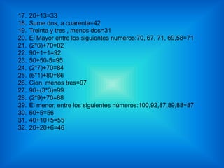 20+13=33Sume dos, a cuarenta=42Treinta y tres , menos dos=31El Mayor entre los siguientes numeros:70, 67, 71, 69,58=71(2*6)+70=8290+1+1=9250+50-5=95(2*7)+70=84(6*1)+80=86Cien, menos tres=9790+(3*3)=99(2*9)+70=88El menor, entre los siguientes números:100,92,87,89,88=8760+5=5640+10+5=5520+20+6=46