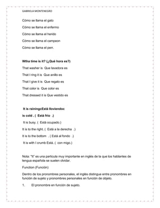 GABRIELA MONTENEGRO


Cómo se llama el gato

Cómo se llama el enfermo

Cómo se llama el herido

Cómo se llama el campeon

Cómo se llama el perr.



Wtha time is it? (¿Qué hora es?)

That washer is Que lavadora es

That I ring it is Que anillo es

That I give it is Que regalo es

That color is Que color es

That dressed it is Que vestido es



It is rainingcEstá lloviendoc

is cold . ( Está frio .)

It is busy. ( Está ocupado.)

It is to the right. ( Está a la derecha .)

It is to the bottom . ( Está al fondo .)

It is with I crumb Está. ( con migo.)



Nota: "It” es una particula muy importante en inglés de la que los hablantes de
lengua española se suelen olvidar.

Function (Función)

Dentro de los pronombres personales, el inglés distingue entre pronombres en
función de sujeto y pronombres personales en función de objeto.

1.     El pronombre en función de sujeto.
 
