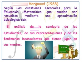 Vergnaud (1988)
Según Las cuestiones       esenciales para la
Educación     Matemática    que    pueden   ser
resueltas     mediante     una     aproximación
psicológica son:

·El   análisis   de   la   conducta    de   los
estudiantes, de sus representaciones y de los
fenómenos inconscientes que tienen lugar en
sus mentes.
                                      o
 