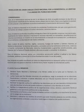 Cabildo nacional resuelve pedir la nulidad de las elecciones y exige la renuncia del presidente Evo Morales